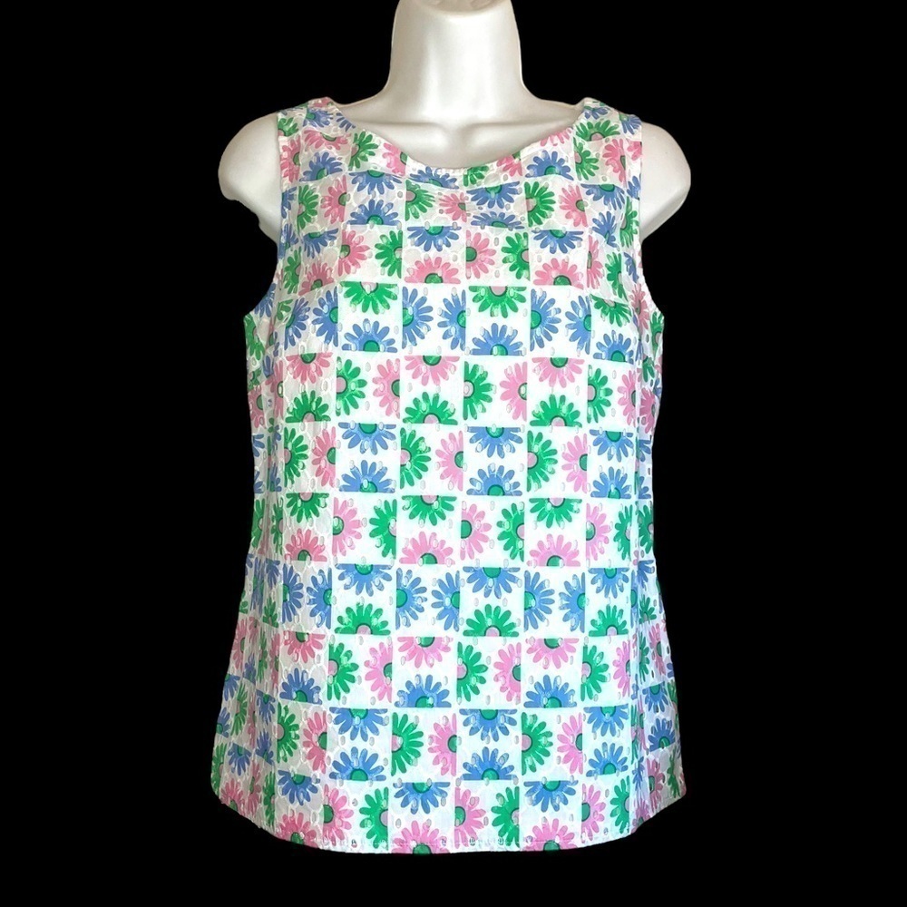 Talbots Eyelet Shell Blocked Daisy Print Shirt sleeveless blouse